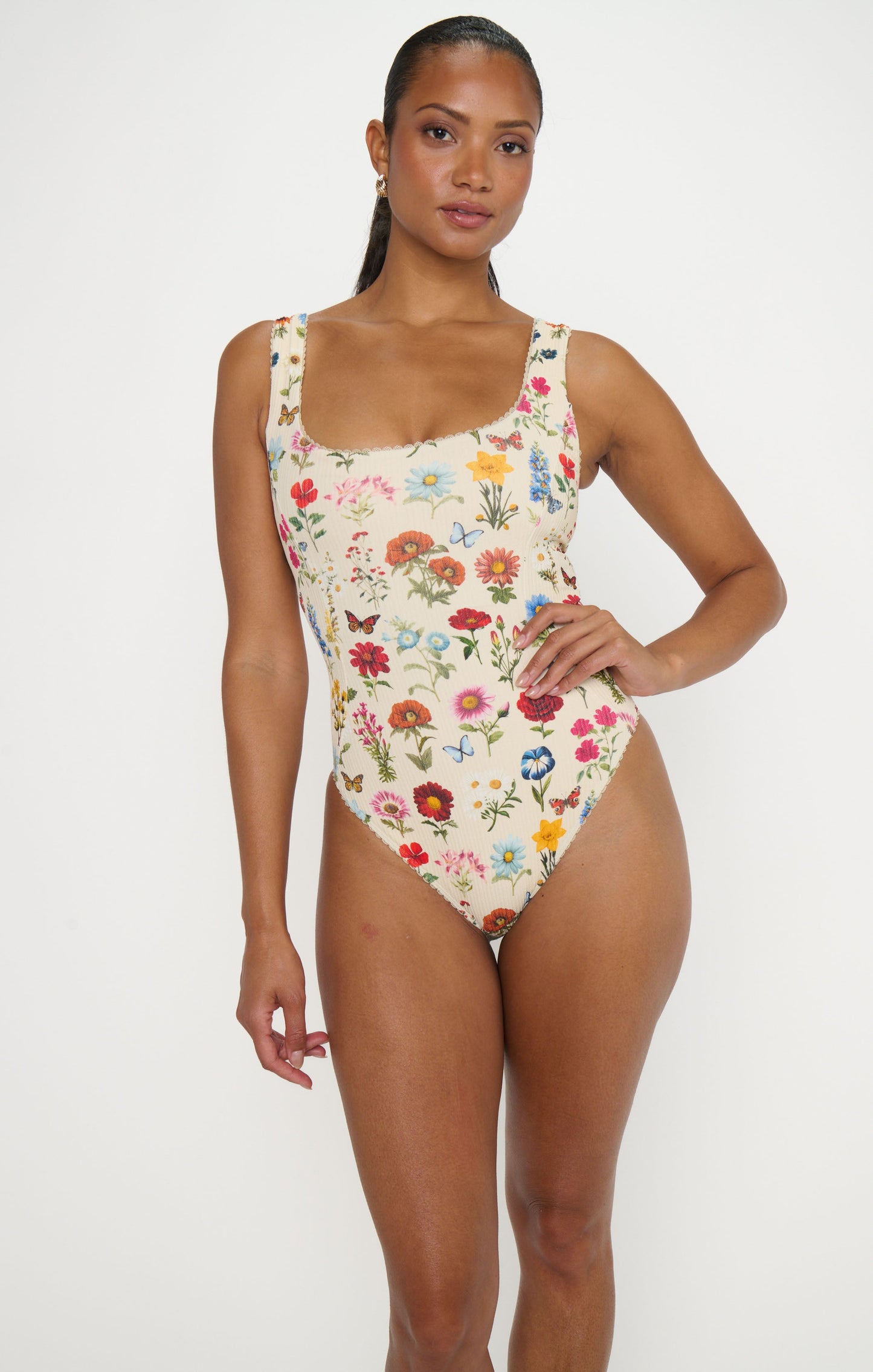 Miramar Beach One Piece ~ French Floral Rib Scrunch