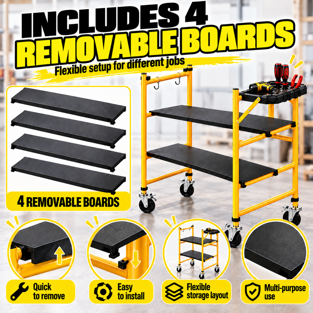 Portable Foldable Rolling Scaffold Work Platform, 500 lbs Capacity, with Locking Wheels, Tool Tray & Hooks for Painting & Renovation