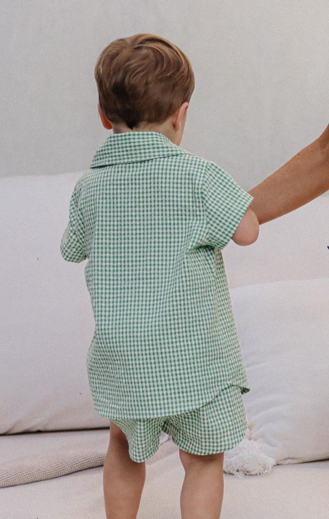 Lil Button Up Shirt ~ Field Green Gingham