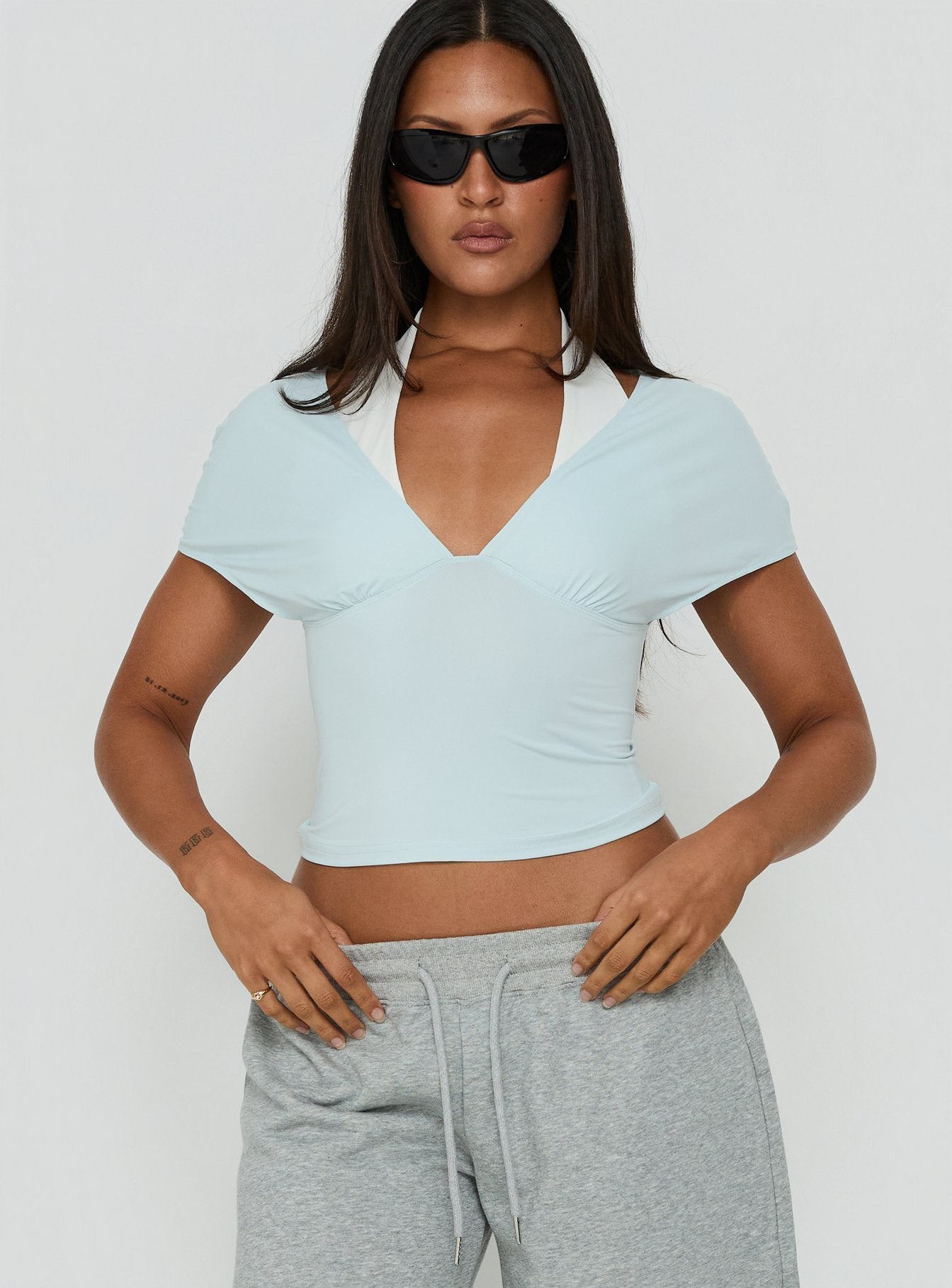Beea Layered Halter Short Sleeve Top Blue / White