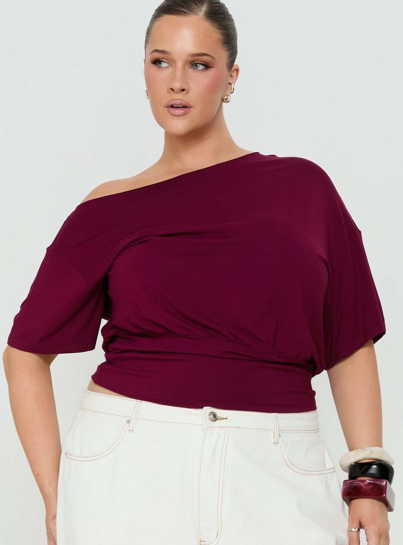 Ashlinn Off Shoulder Drapey Top Cherry Lacquer Curve
