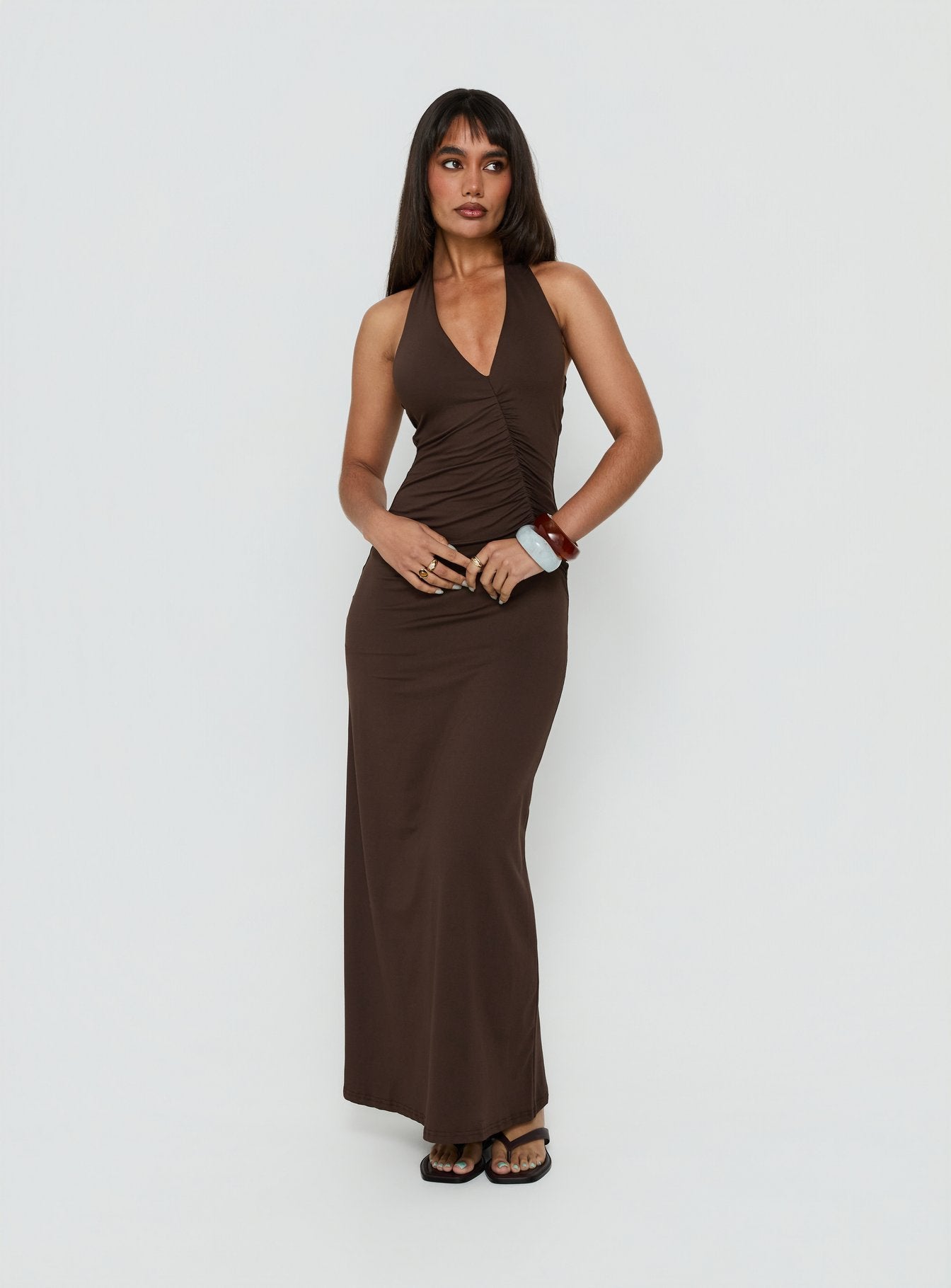 Cadira Ruched Halter Maxi Dress Chocolate