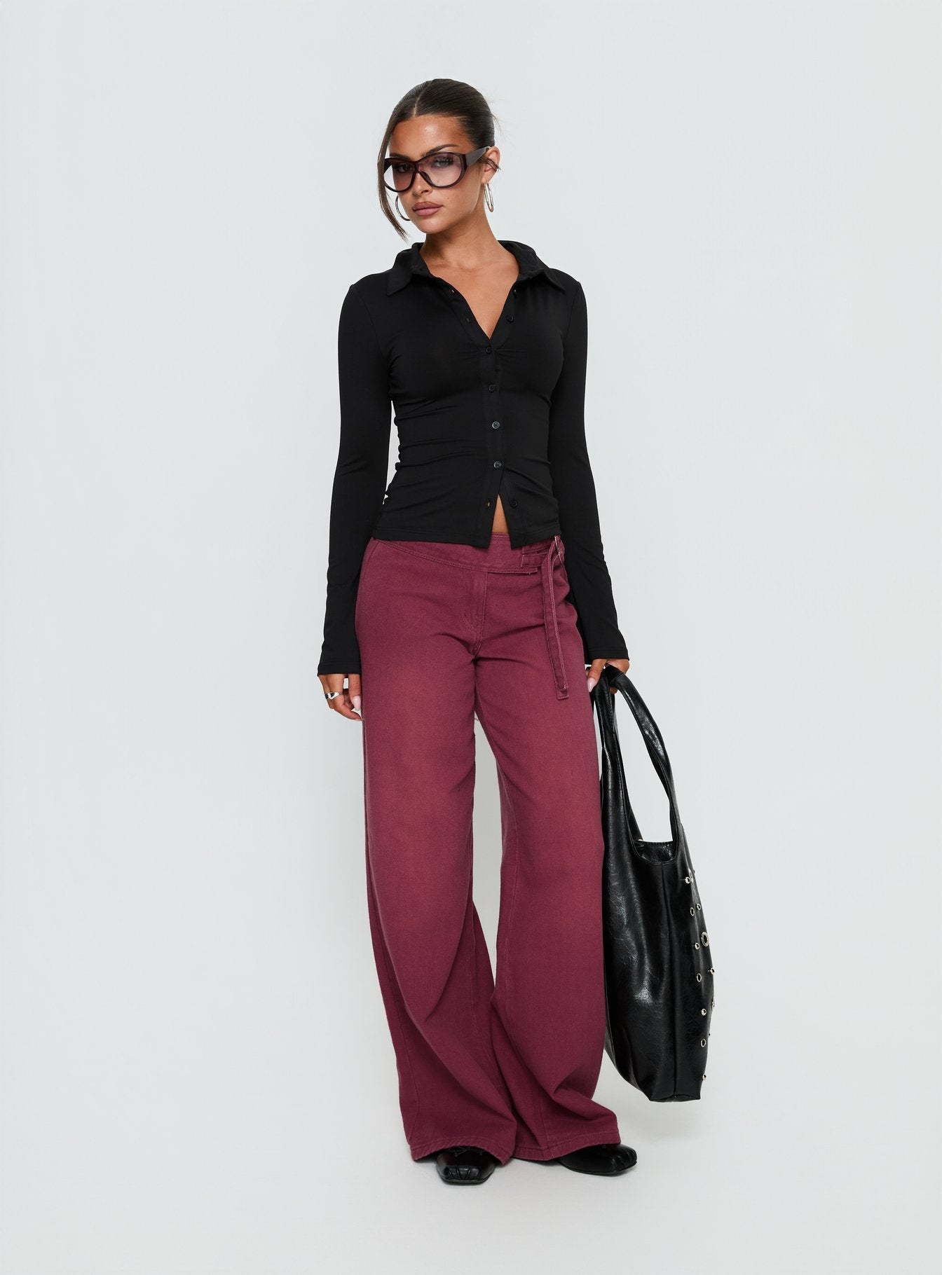 Boxie Mid Rise Wide Leg Jeans Washed Burgundy
