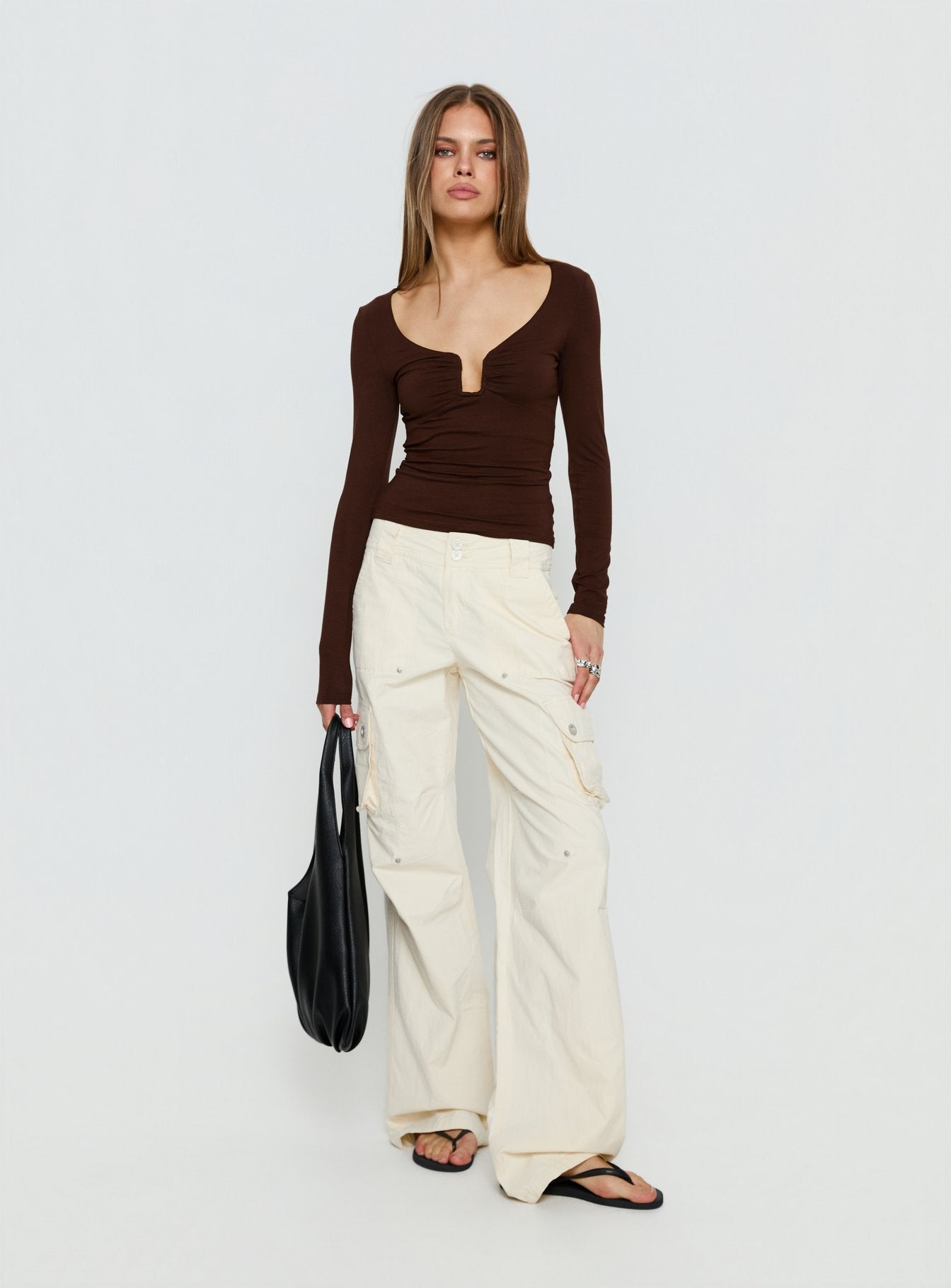 Serelle Long Sleeve Bust Detail Top Chocolate
