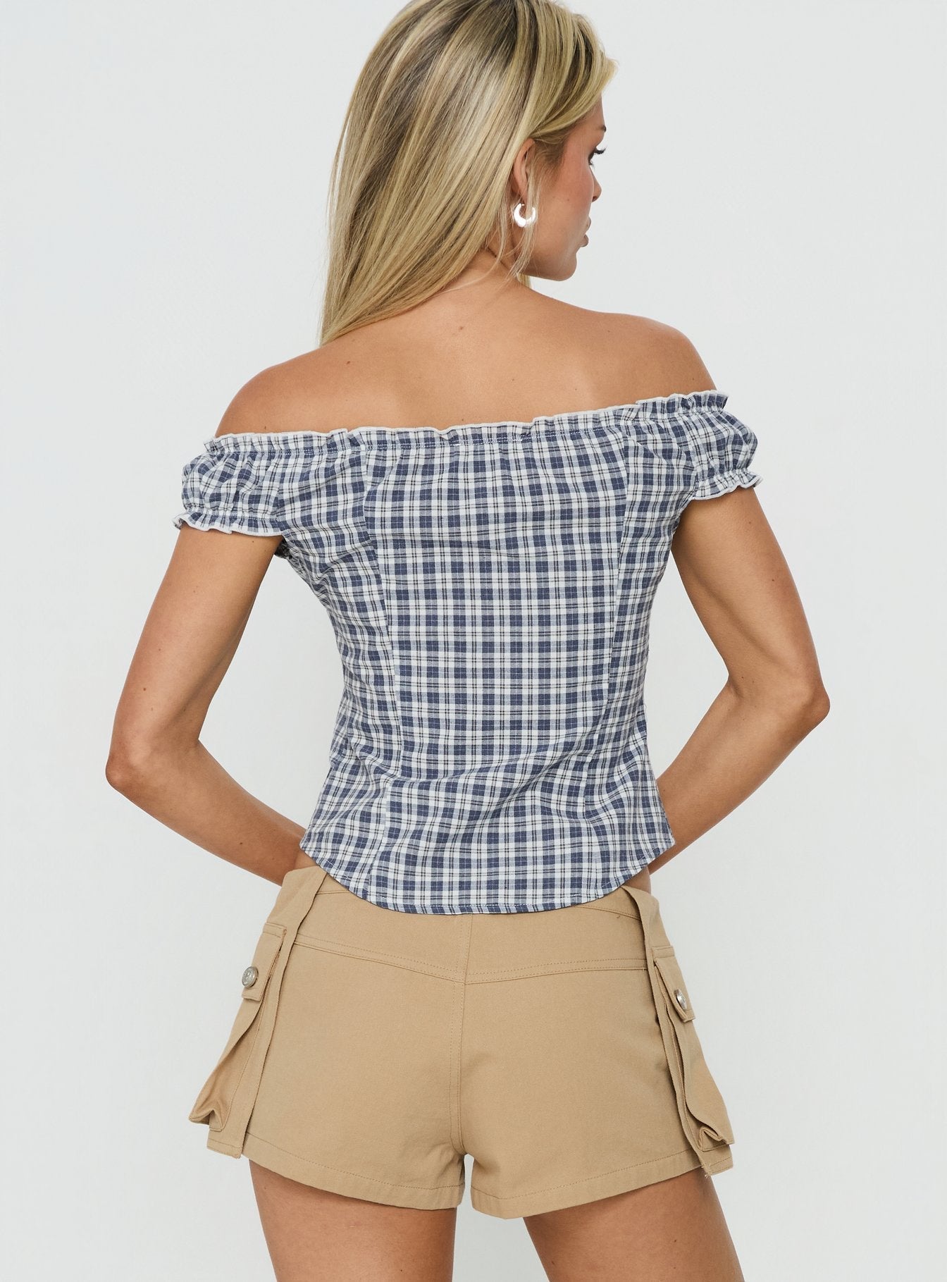 Bravely Off Shoulder Button Up Top Blue Check