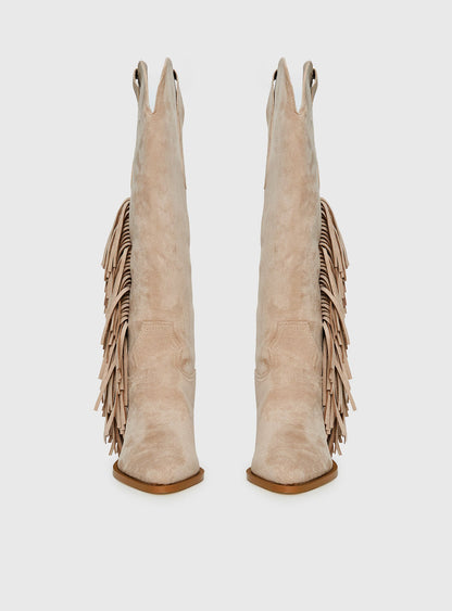 Billini Ardie Faux Suede Tassel Cowboy Boots Light Beige