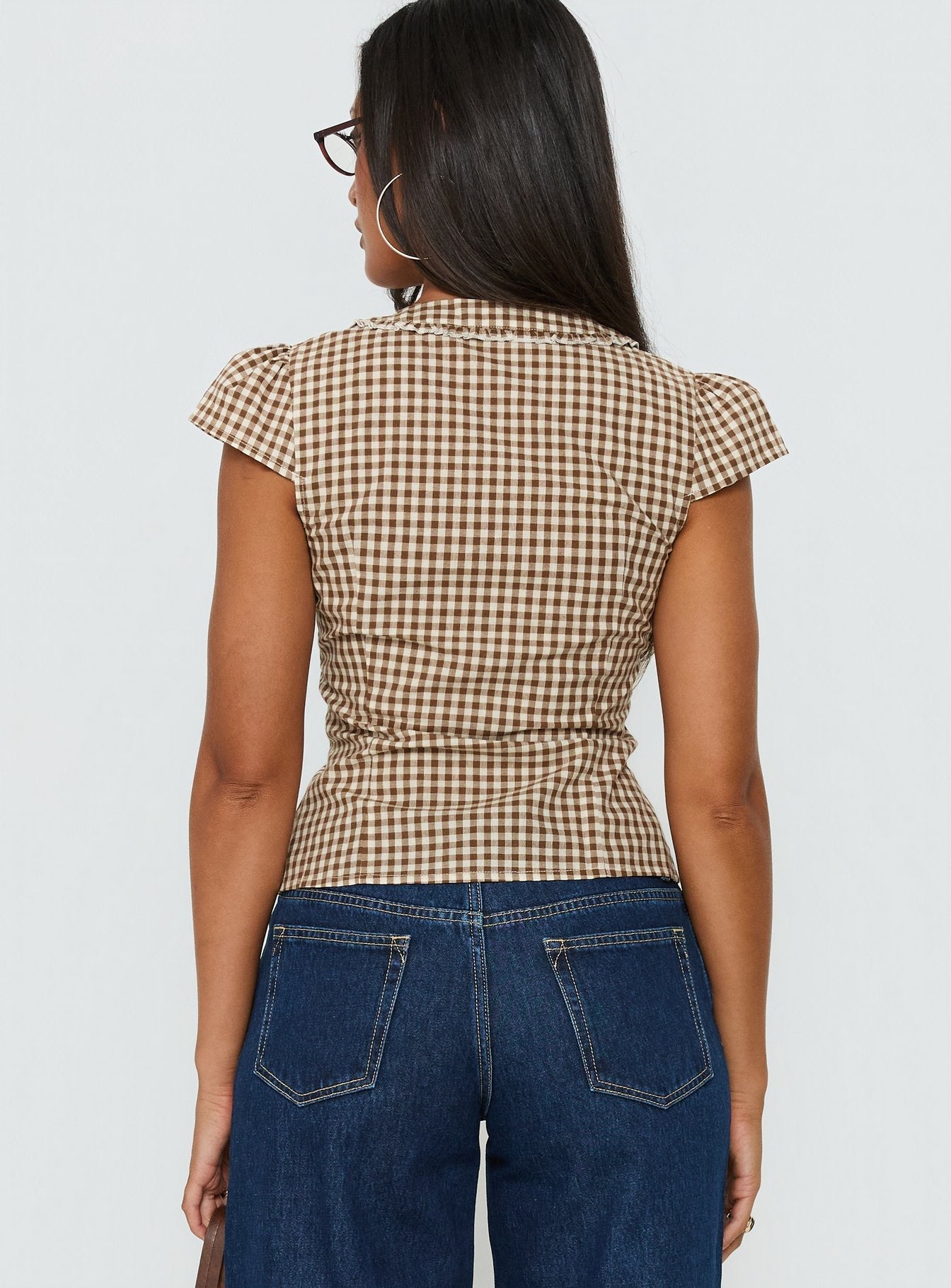 Bradlie Frill Detail Short Sleeve Blouse Top Chocolate Gingham
