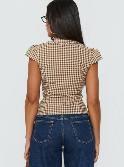 Bradlie Frill Detail Short Sleeve Blouse Top Chocolate Gingham