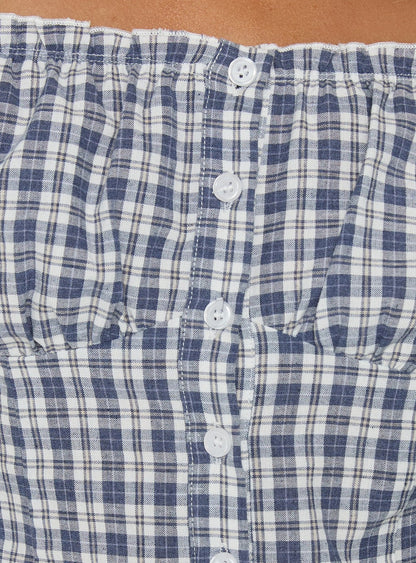 Bravely Off Shoulder Button Up Top Blue Check