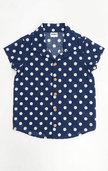 Lil Button Up Shirt ~ Navy Polka Dot