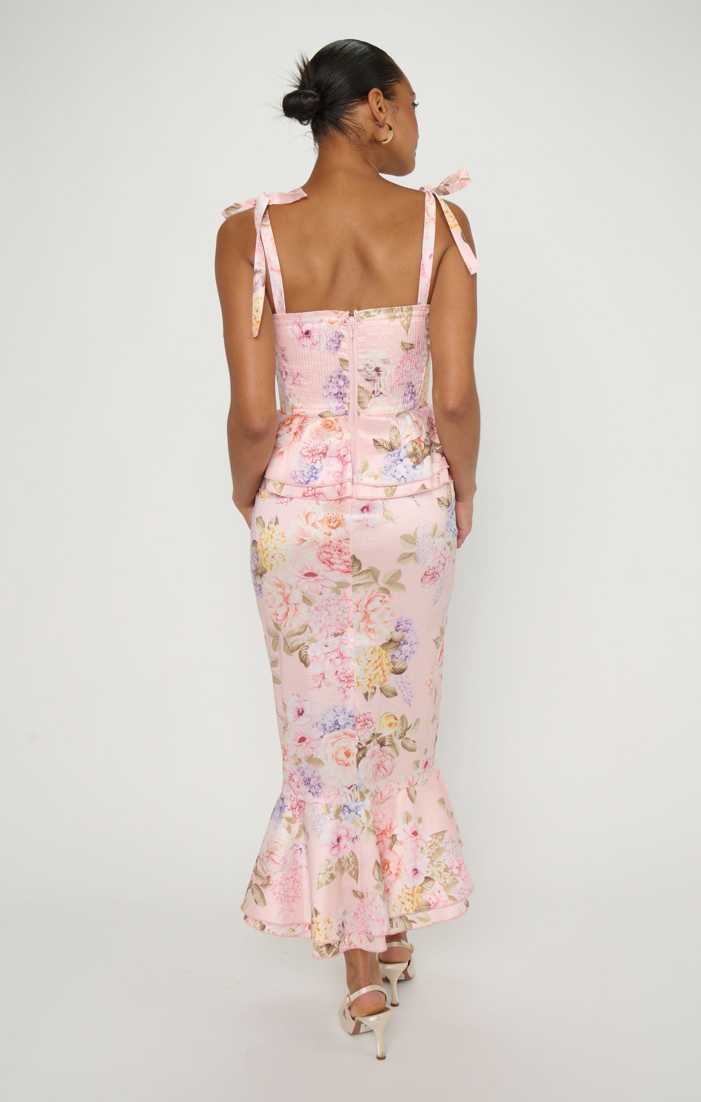 Pauline Peplum Dress ~ Powder Pink Blooms Taffeta