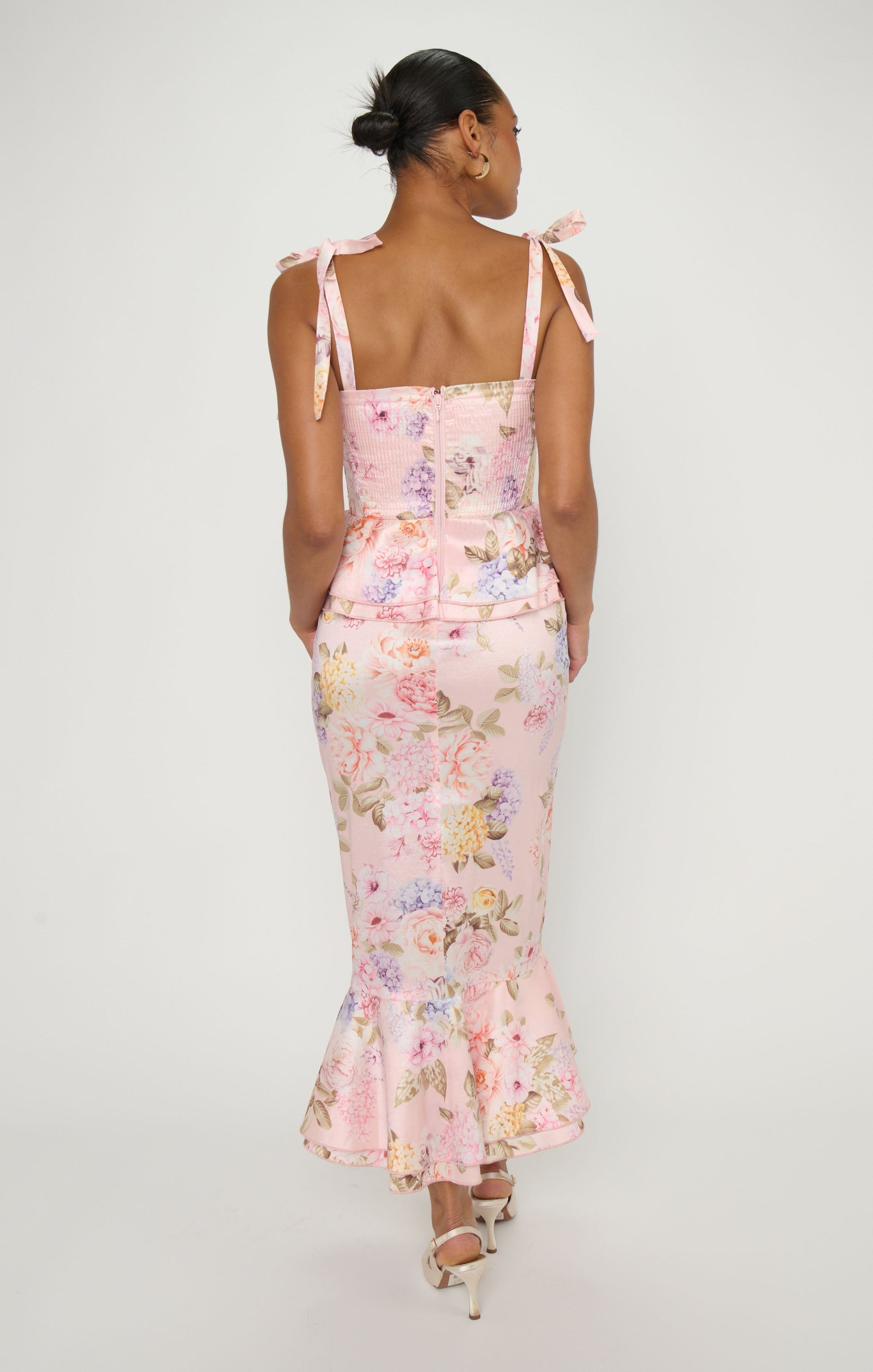 Pauline Peplum Dress ~ Powder Pink Blooms Taffeta