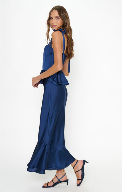 Pauline Peplum Dress ~ Midnight Navy Luxe Satin