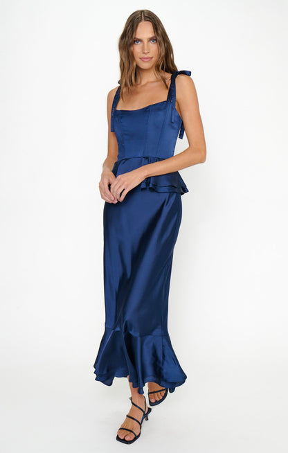 Pauline Peplum Dress ~ Midnight Navy Luxe Satin