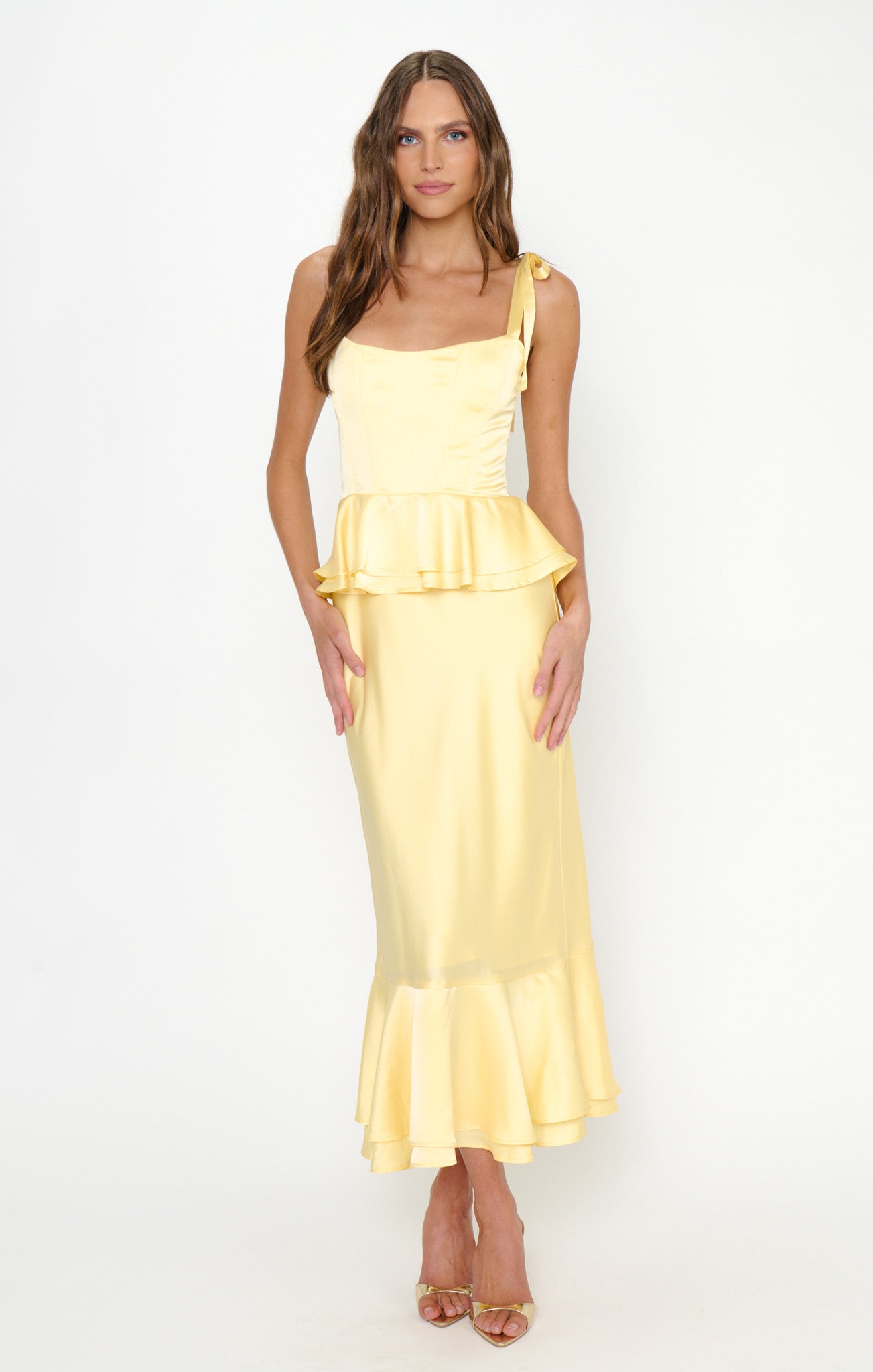 Pauline Peplum Dress ~ Pale Yellow Luxe Satin