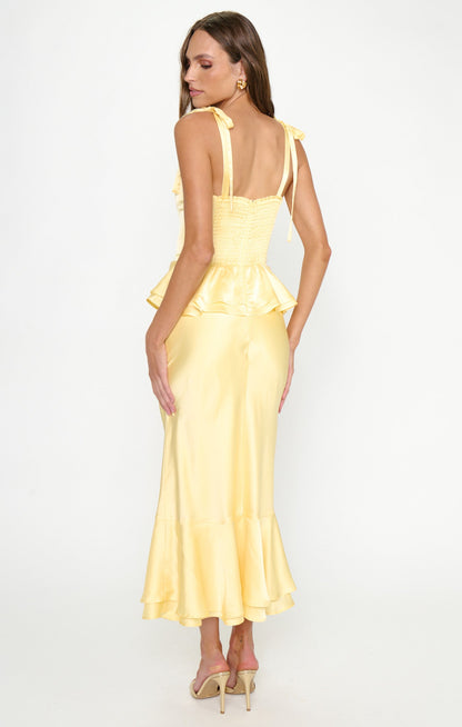Pauline Peplum Dress ~ Pale Yellow Luxe Satin