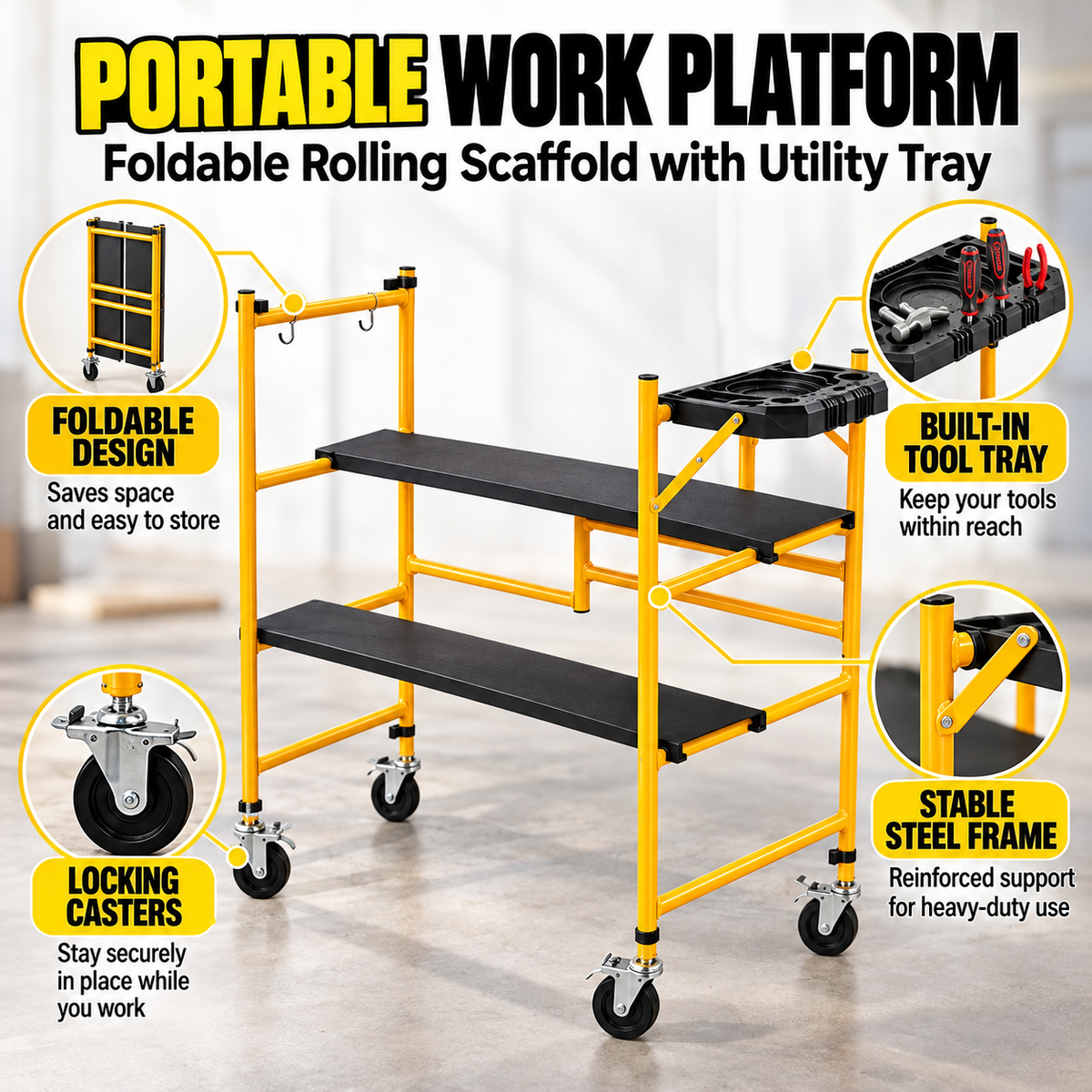 Portable Foldable Rolling Scaffold Work Platform, 500 lbs Capacity, with Locking Wheels, Tool Tray & Hooks for Painting & Renovation