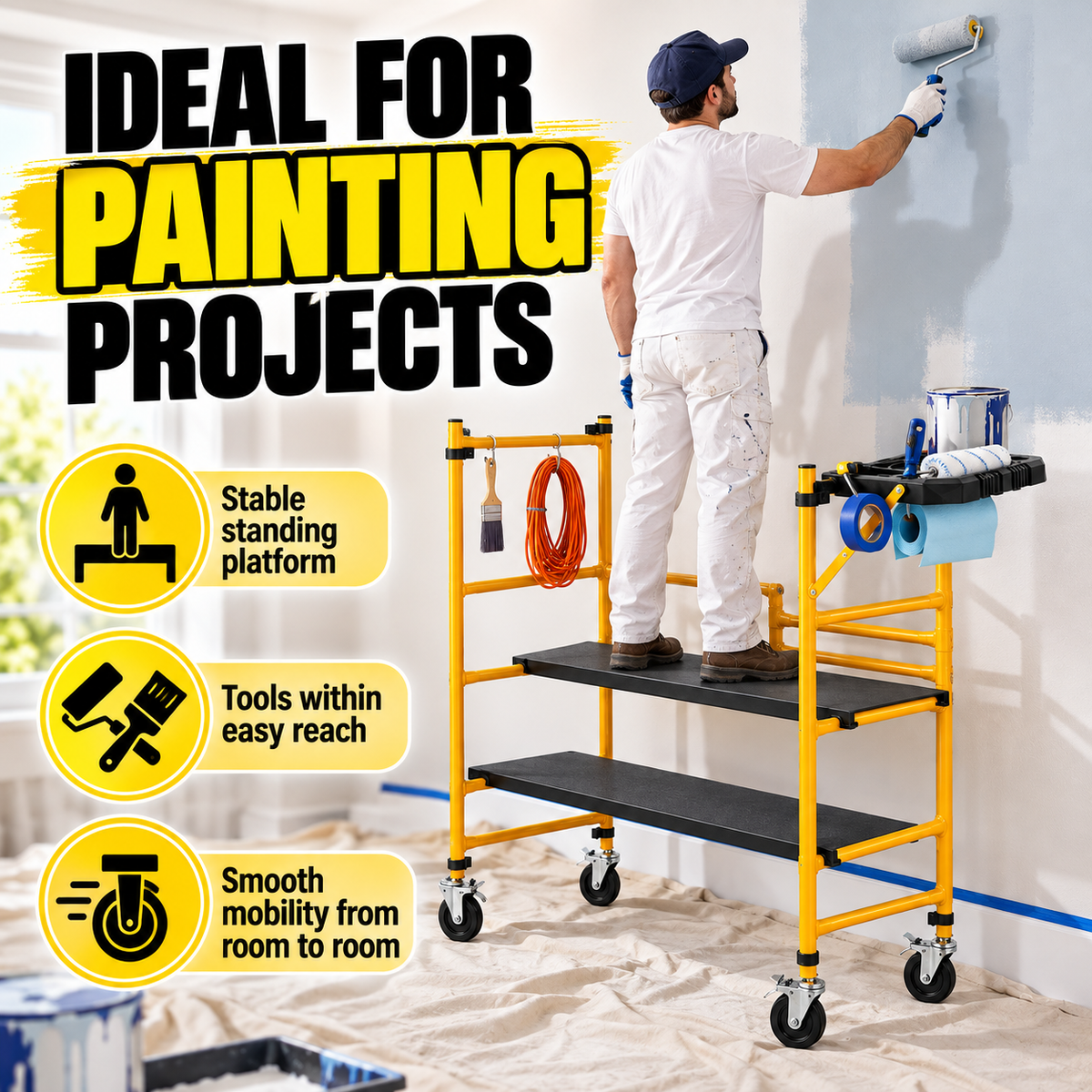Portable Foldable Rolling Scaffold Work Platform, 500 lbs Capacity, with Locking Wheels, Tool Tray & Hooks for Painting & Renovation