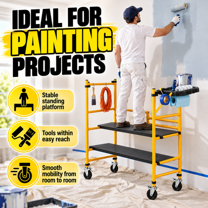 Portable Foldable Rolling Scaffold Work Platform, 500 lbs Capacity, with Locking Wheels, Tool Tray & Hooks for Painting & Renovation