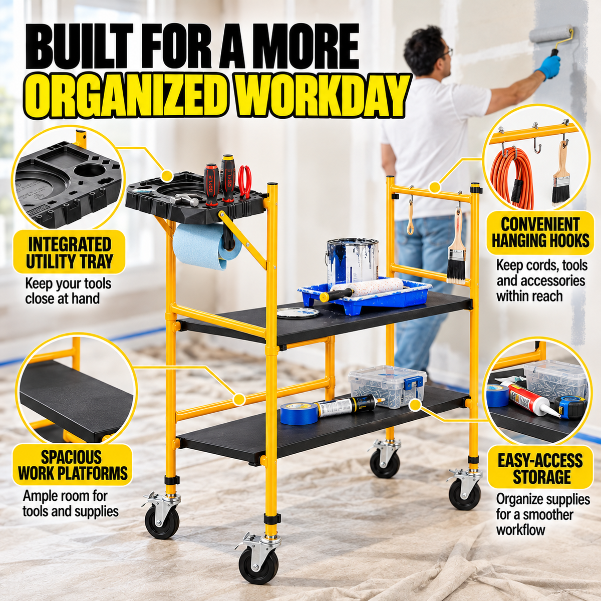 Portable Foldable Rolling Scaffold Work Platform, 500 lbs Capacity, with Locking Wheels, Tool Tray & Hooks for Painting & Renovation