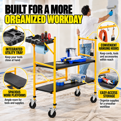 Portable Foldable Rolling Scaffold Work Platform, 500 lbs Capacity, with Locking Wheels, Tool Tray & Hooks for Painting & Renovation
