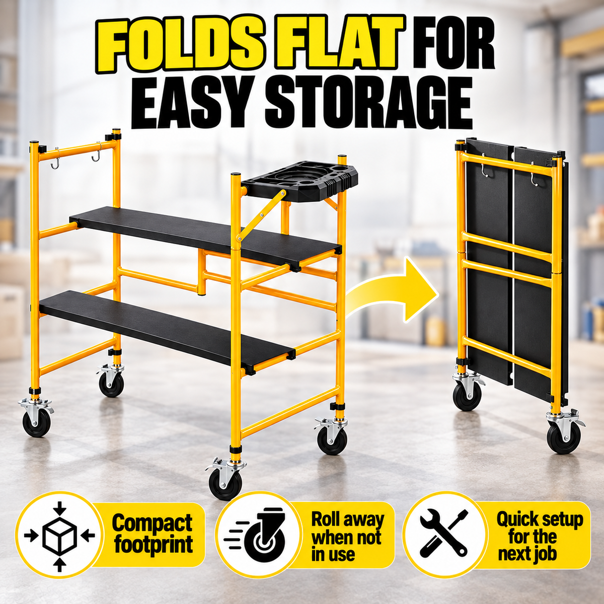 Portable Foldable Rolling Scaffold Work Platform, 500 lbs Capacity, with Locking Wheels, Tool Tray & Hooks for Painting & Renovation