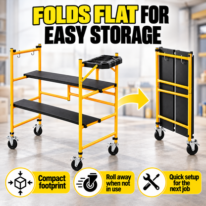 Portable Foldable Rolling Scaffold Work Platform, 500 lbs Capacity, with Locking Wheels, Tool Tray & Hooks for Painting & Renovation