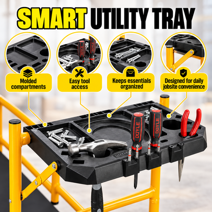 Portable Foldable Rolling Scaffold Work Platform, 500 lbs Capacity, with Locking Wheels, Tool Tray & Hooks for Painting & Renovation