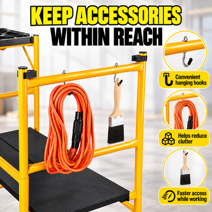 Portable Foldable Rolling Scaffold Work Platform, 500 lbs Capacity, with Locking Wheels, Tool Tray & Hooks for Painting & Renovation