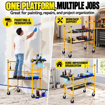 Portable Foldable Rolling Scaffold Work Platform, 500 lbs Capacity, with Locking Wheels, Tool Tray & Hooks for Painting & Renovation