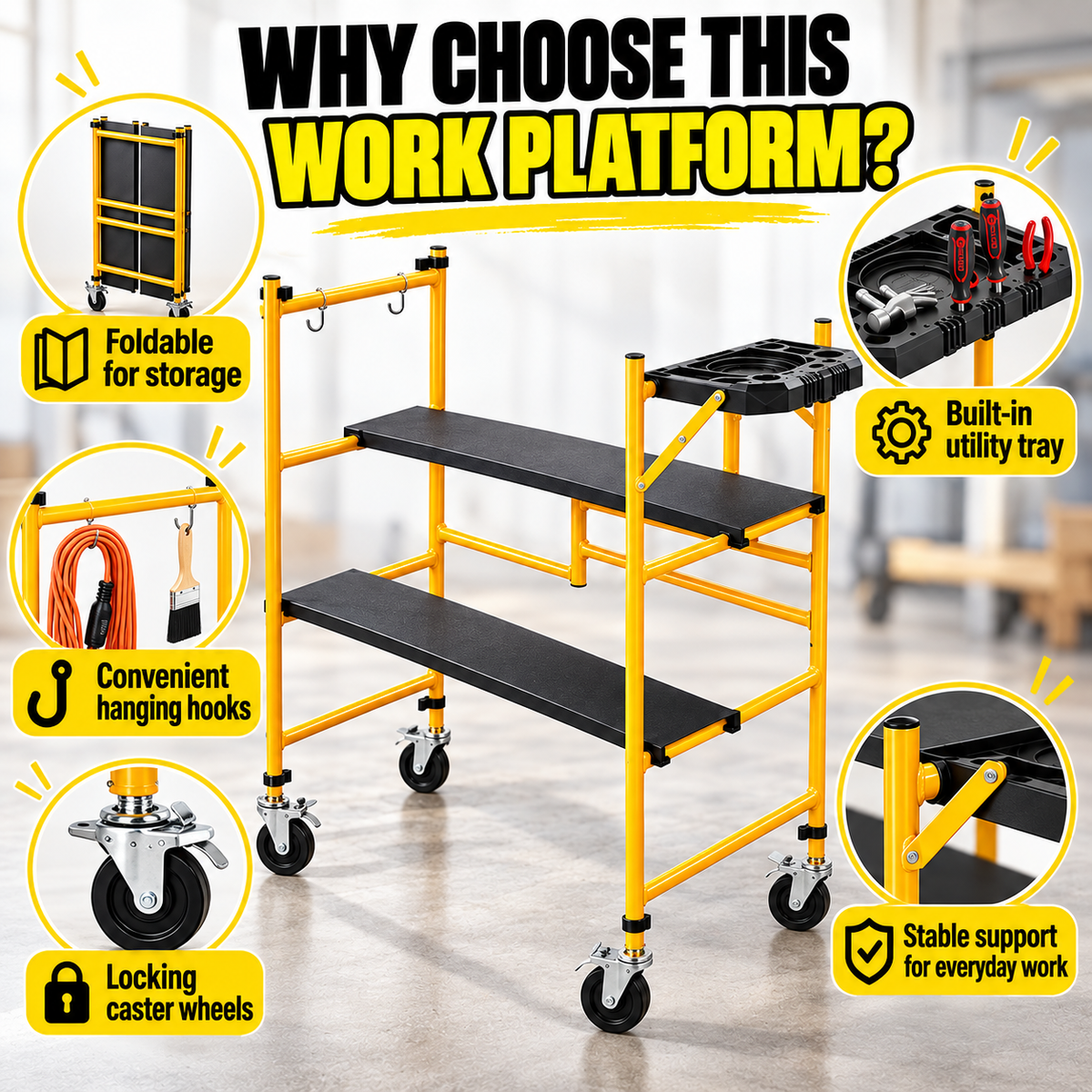 Portable Foldable Rolling Scaffold Work Platform, 500 lbs Capacity, with Locking Wheels, Tool Tray & Hooks for Painting & Renovation