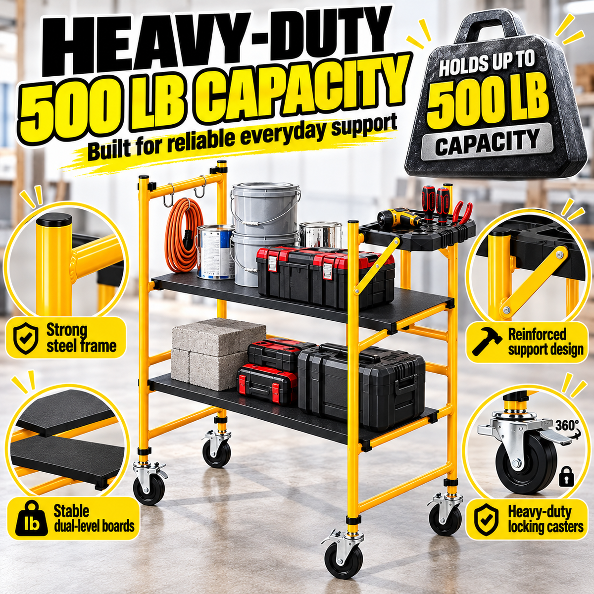 Portable Foldable Rolling Scaffold Work Platform, 500 lbs Capacity, with Locking Wheels, Tool Tray & Hooks for Painting & Renovation