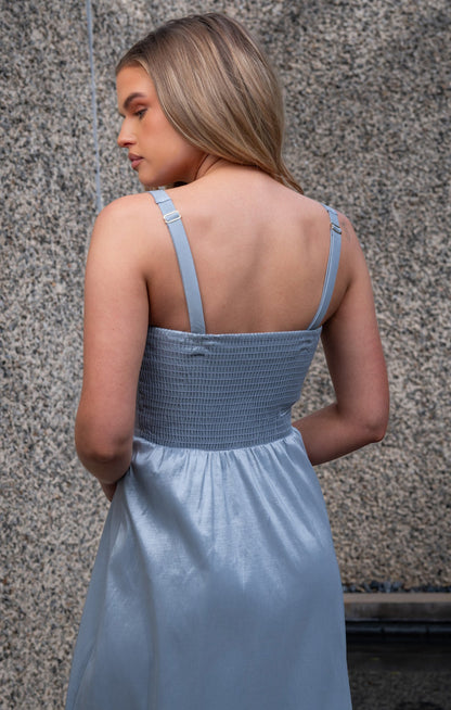 Rebecca Midi Dress ~ Steel Blue Taffeta