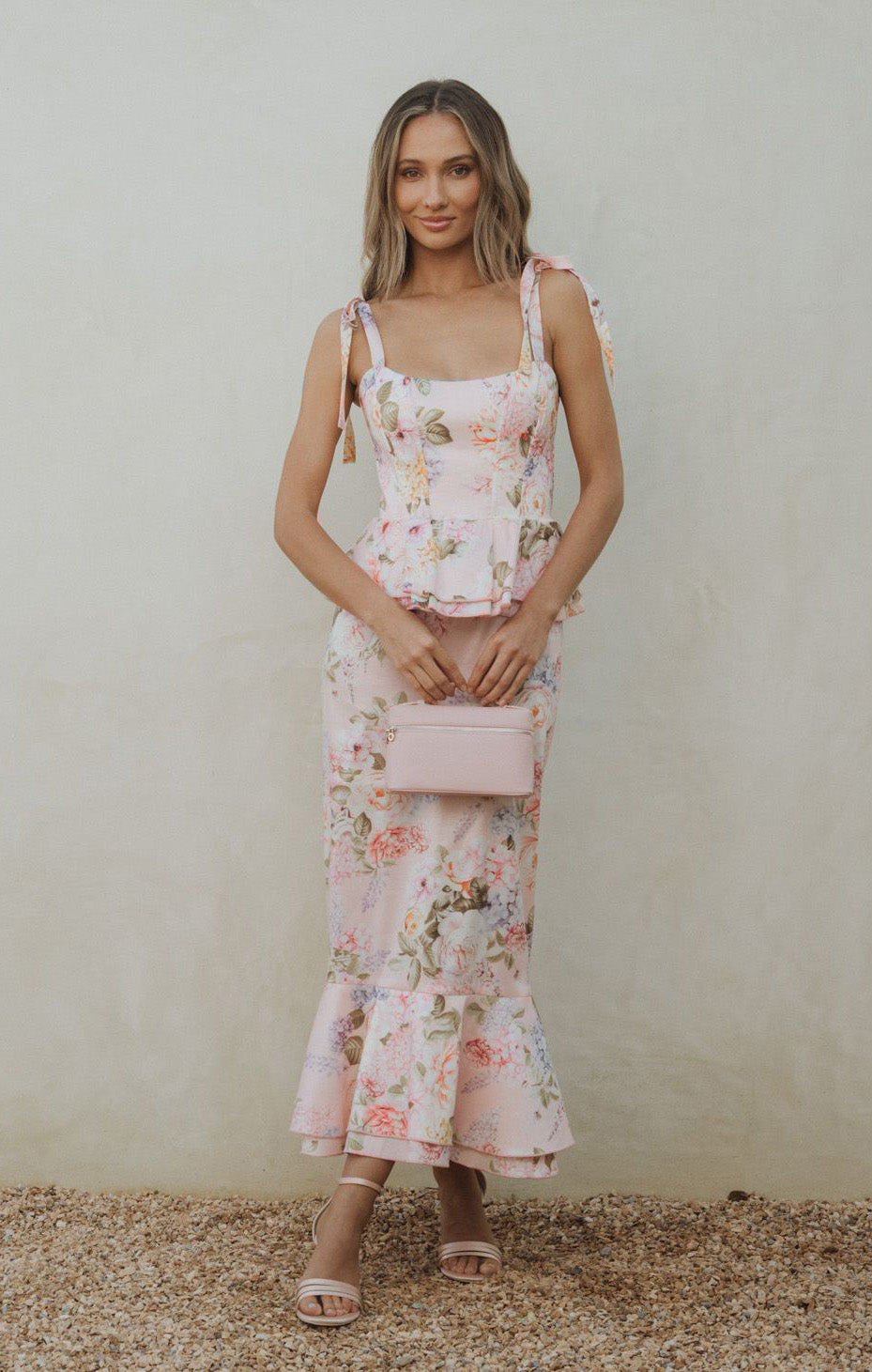 Pauline Peplum Dress ~ Powder Pink Blooms Taffeta