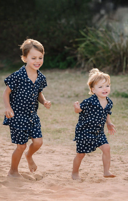 Lil Button Up Shirt ~ Navy Polka Dot