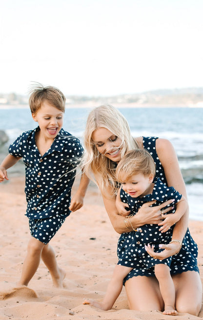 Lil Button Up Shirt ~ Navy Polka Dot