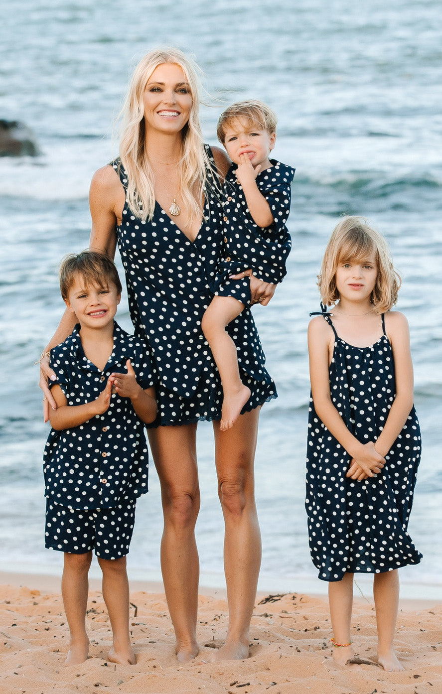 Lil Button Up Shirt ~ Navy Polka Dot