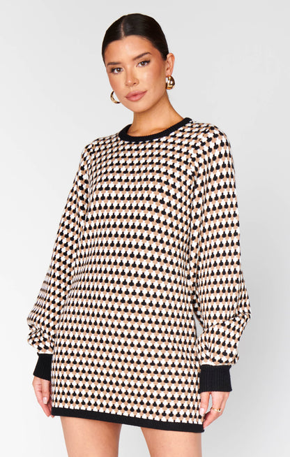 Marion Sweater Dress ~ Black Geo Knit