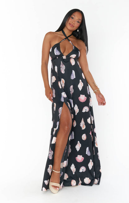 Milos Maxi Dress ~ Black Shell Luxe Satin