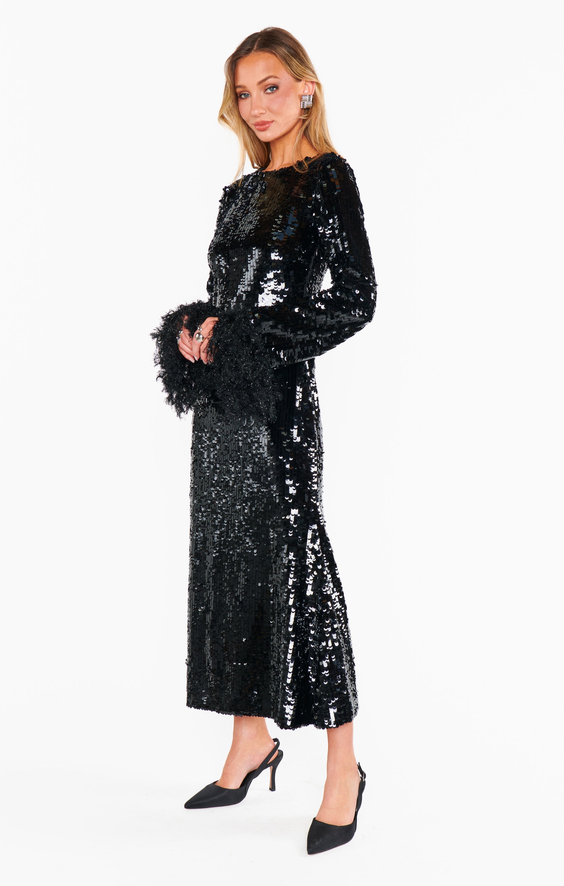 Priscilla Dress ~ Black Sequins with Fringe