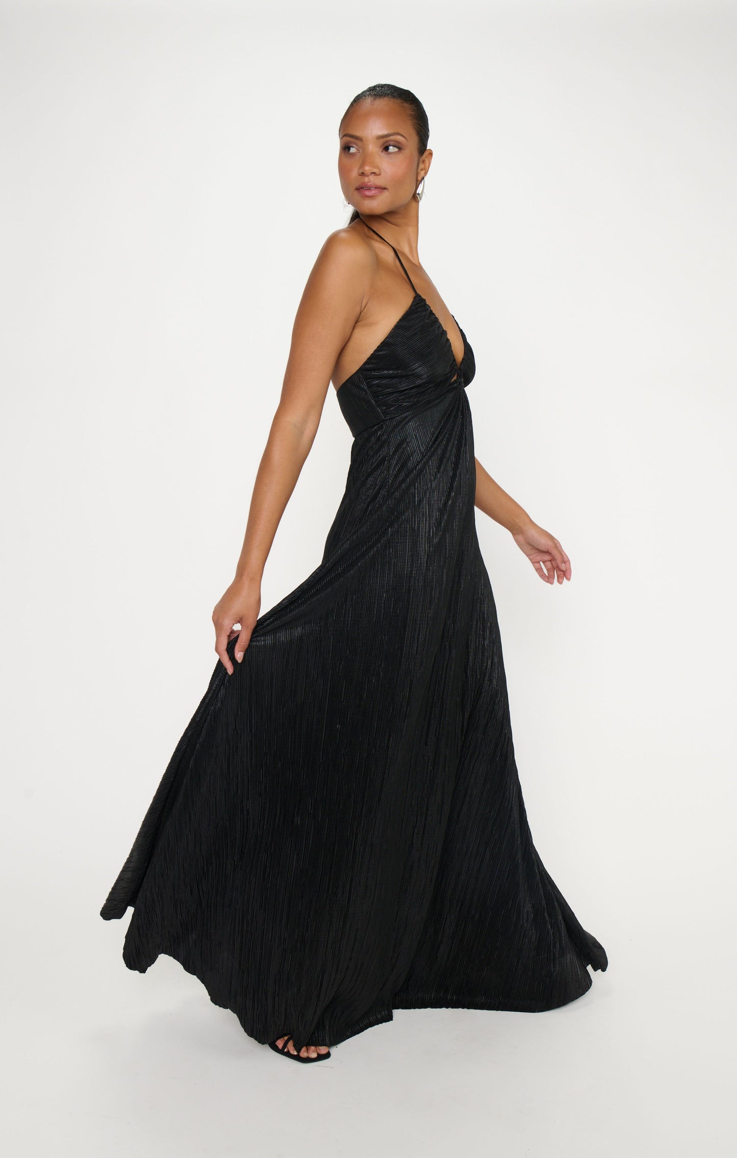Paros Maxi Dress ~ Pleated Black Gloss