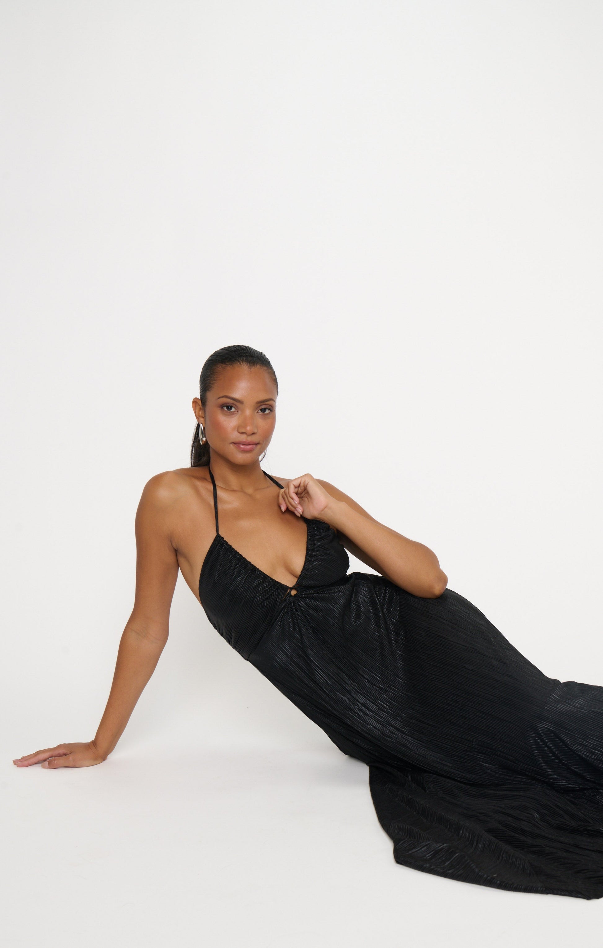 Paros Maxi Dress ~ Pleated Black Gloss