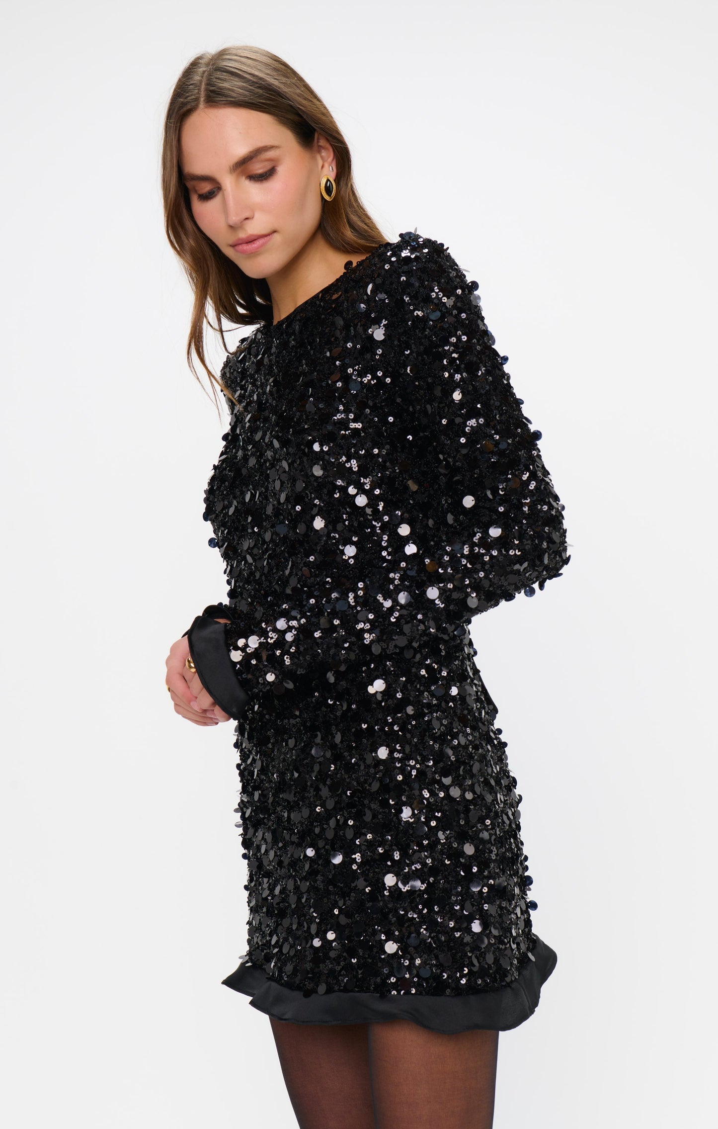 Maddison Ruffle Dress ~ Black Metallic Sequins