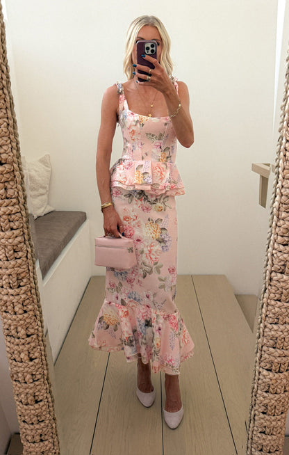 Pauline Peplum Dress ~ Powder Pink Blooms Taffeta