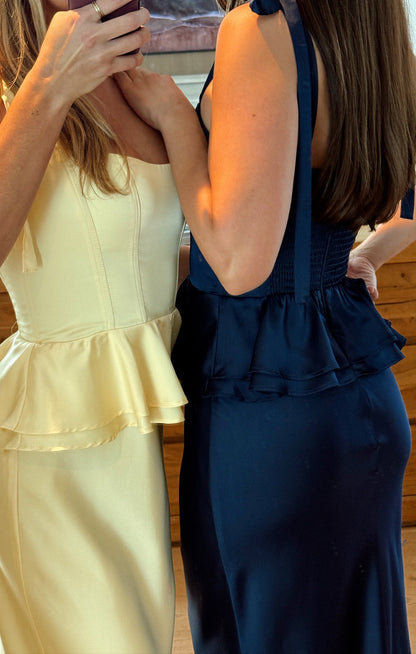 Pauline Peplum Dress ~ Midnight Navy Luxe Satin