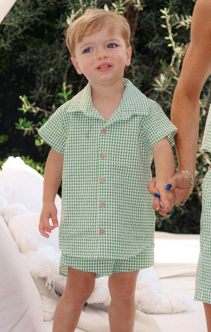 Lil Button Up Shirt ~ Field Green Gingham