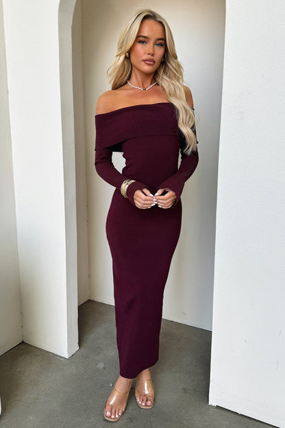 Aaliyah Off Shoulder Knit Maxi Dress - Burgundy