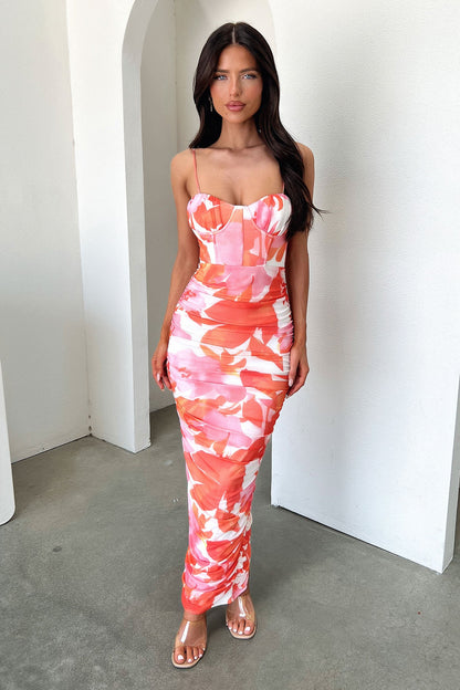 Alberta Ruched Maxi Dress - Pink/Orange Floral