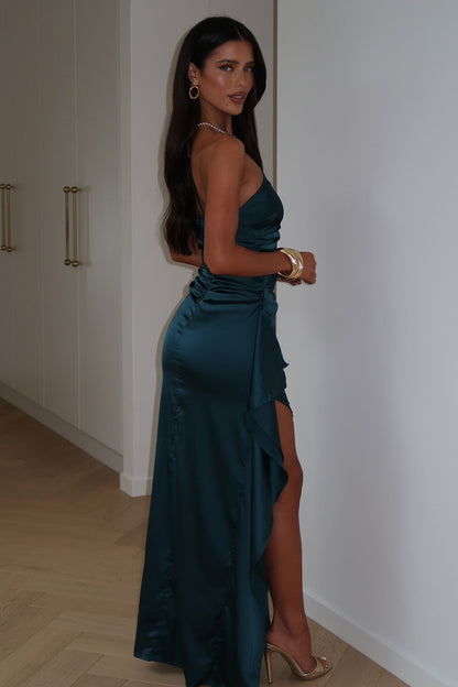 Elianna One Shoulder Satin Maxi Dress - Teal