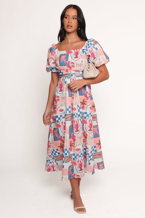 Clo Puff Sleeve Midi Dress - Pink Blue